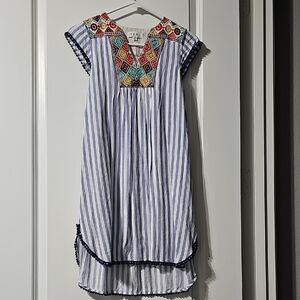 THML Blue and White Striped Mini Dress with Multicolor Embroidery
